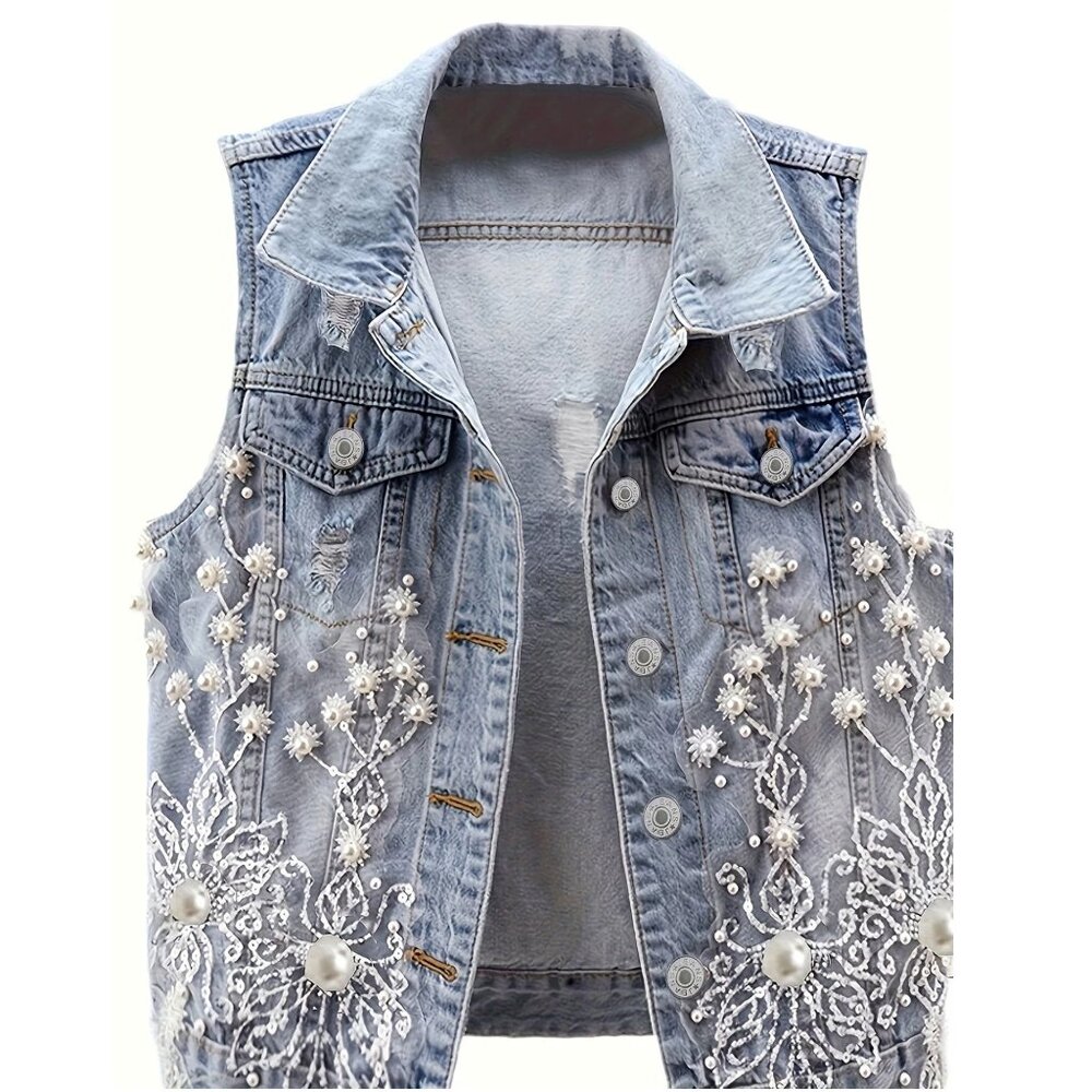 Blue White Denim Floral Bead Embroidered Distressed Jacket Vest L